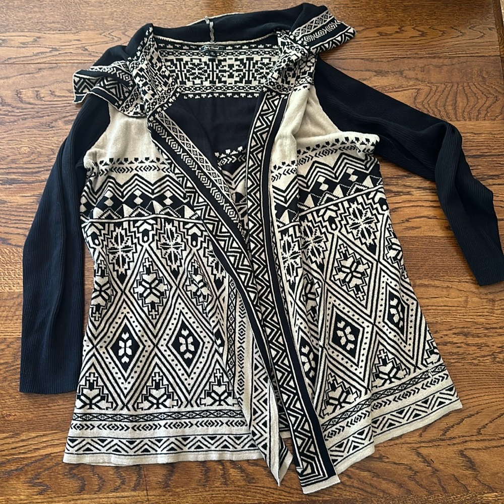 Lucky Brand draped front cardigan, Black and tan, 1X
